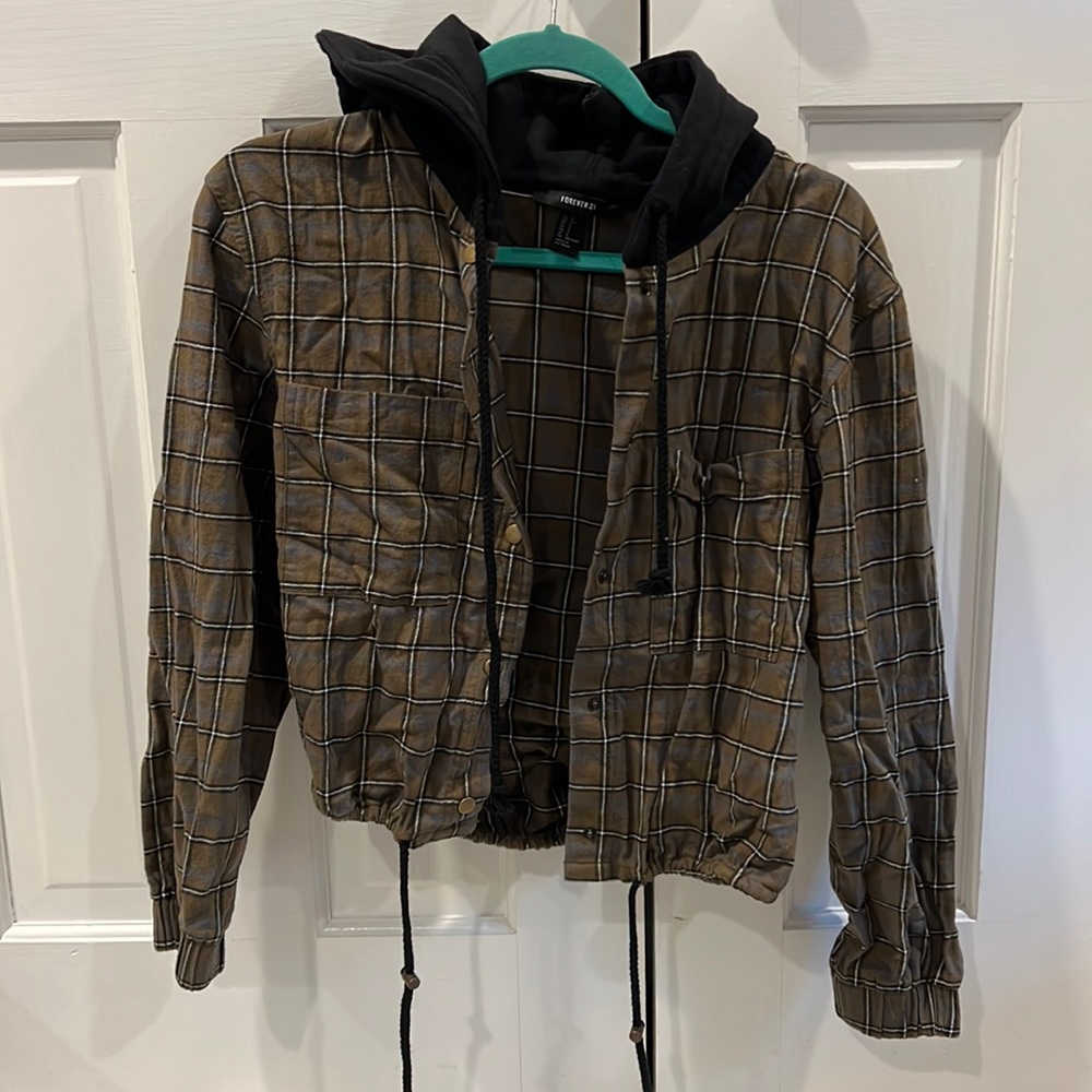 Plaid Button Up Jacket With Hood